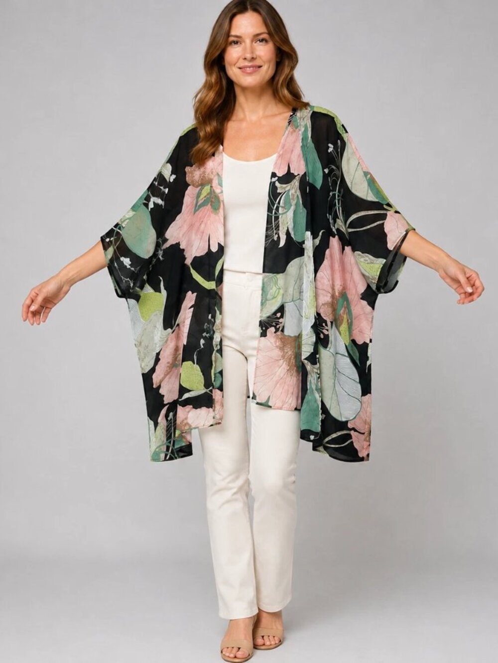 Umgee USA Kimono S/M Black Pink Floral Boho Open Front Silky Cotton Blend Resort